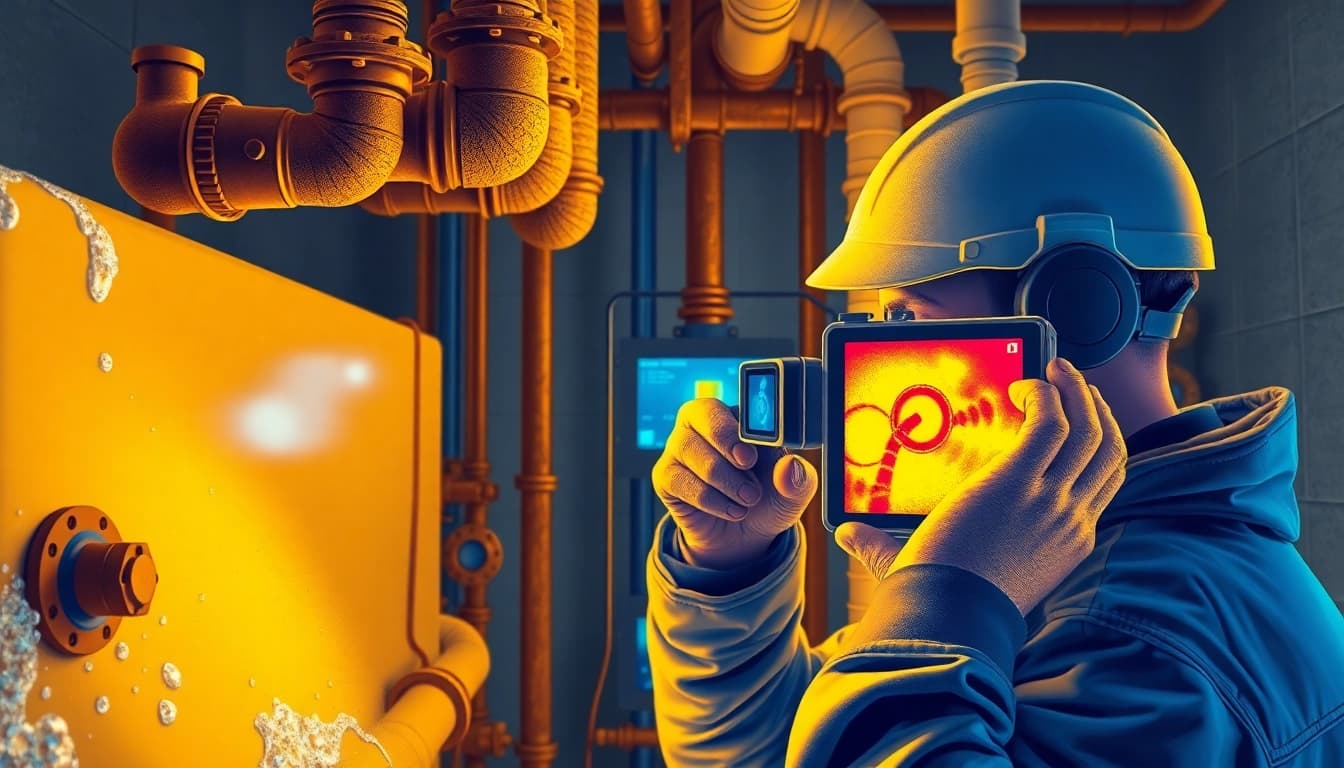 Discover Central Heating Leak Detection techniques through expert diagnostics depicted in a technician's focused environment.
