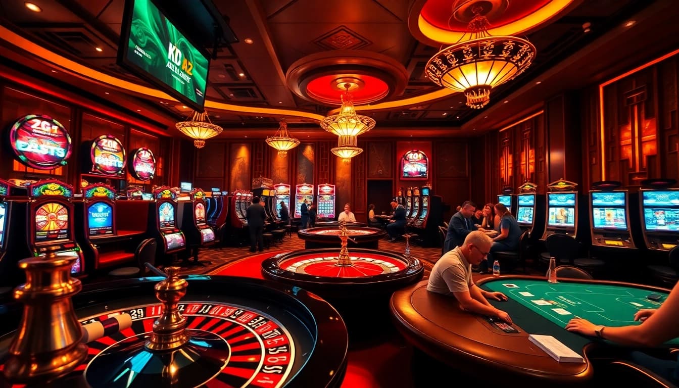 Experience the excitement of KJC AC 2 with lively casino games featuring roulette wheels and poker tables.