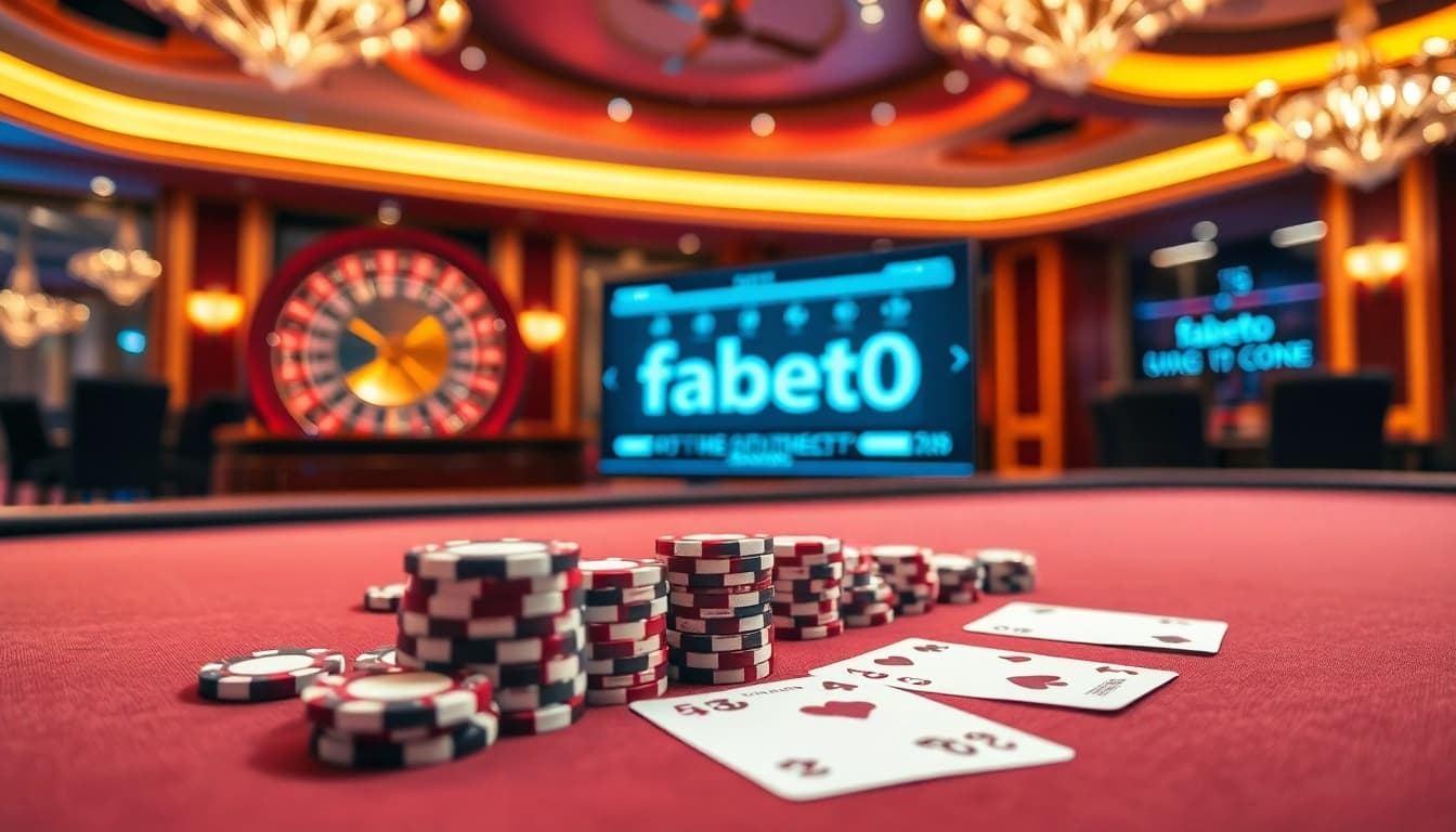 A dynamic casino scene showcasing http://fabet0.com/ with poker chips and an exciting roulette wheel.