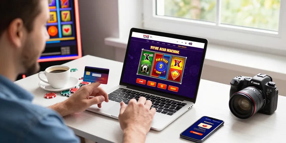 Player exploring credit card casinos on scoarch.org.uk with vibrant graphics and a home office setup.