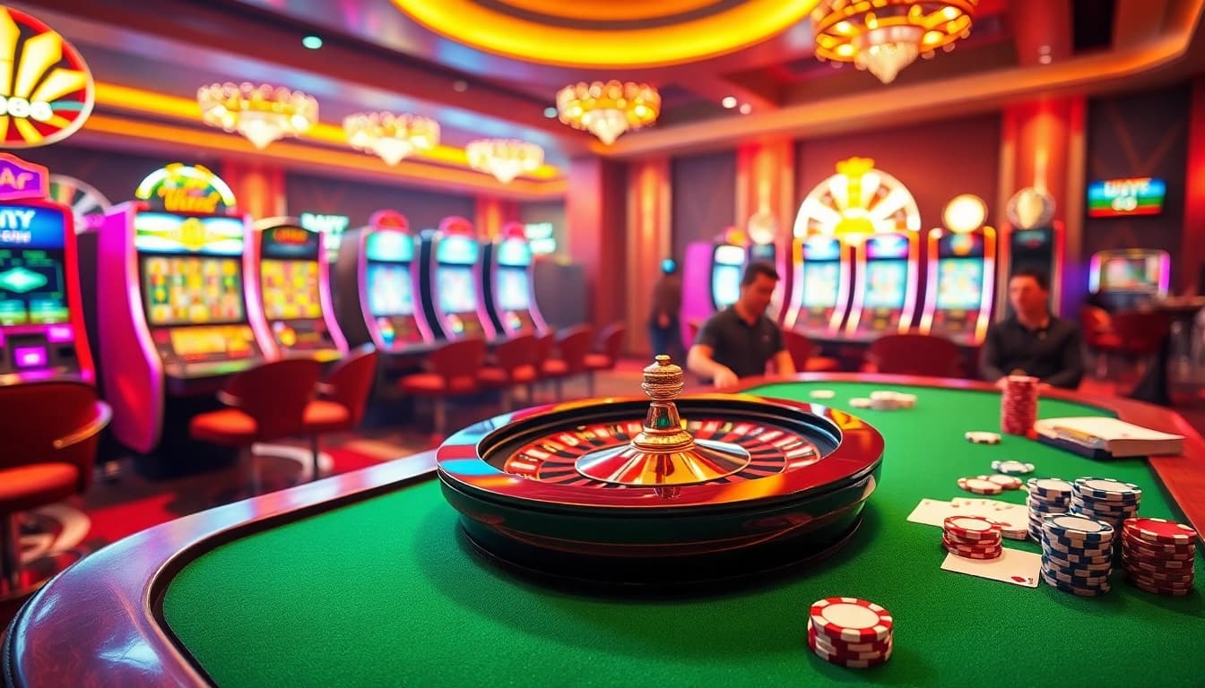 Experience the thrill of uu88 with a vibrant casino scene showcasing roulette and poker elements.