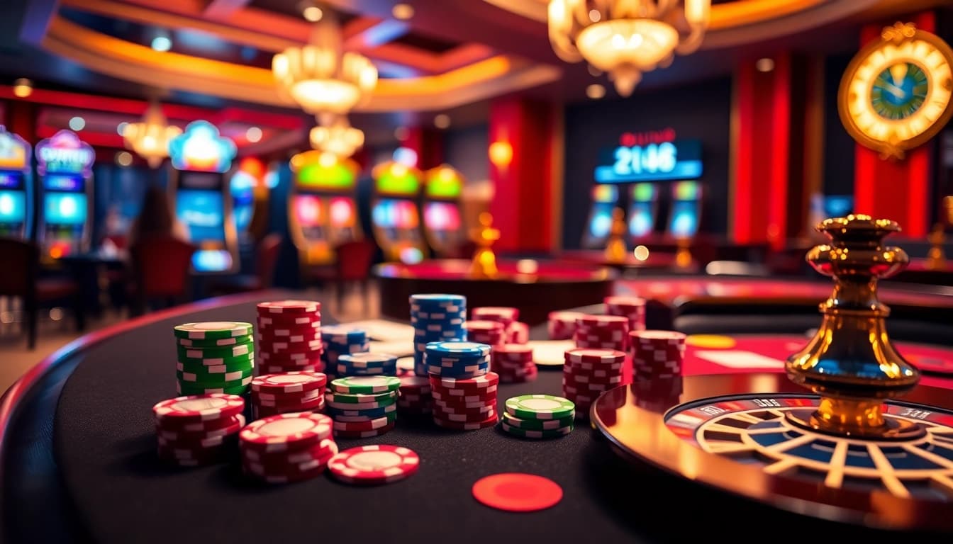 Experience the thrill of high-stakes poker at an exclusive okking casino table with vibrant chips and cards.