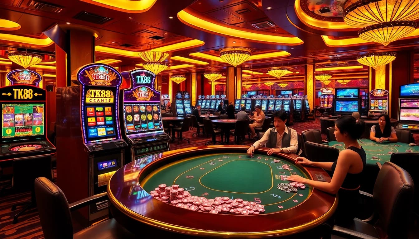 Players enjoying the TK88 slot machine at a bustling casino with vibrant gaming tables.