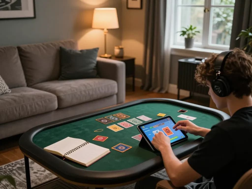 Engaged player strategizing in cozy home gaming setup while playing game bài on tablet