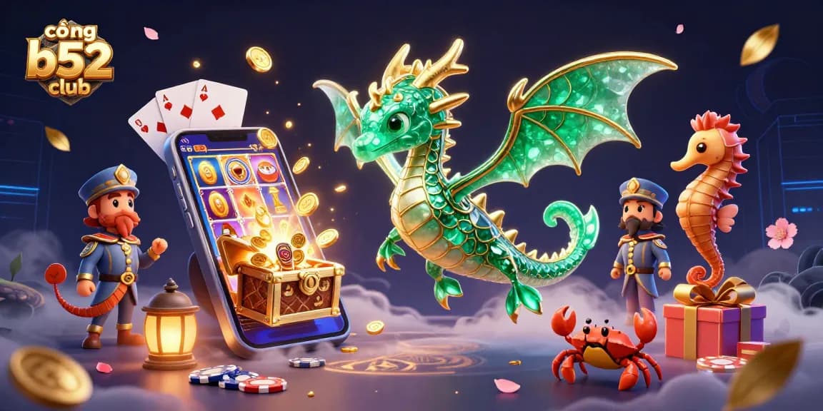 Experience exciting gaming with cổng b52 club in a vibrant fantasy casino illustration filled with action.