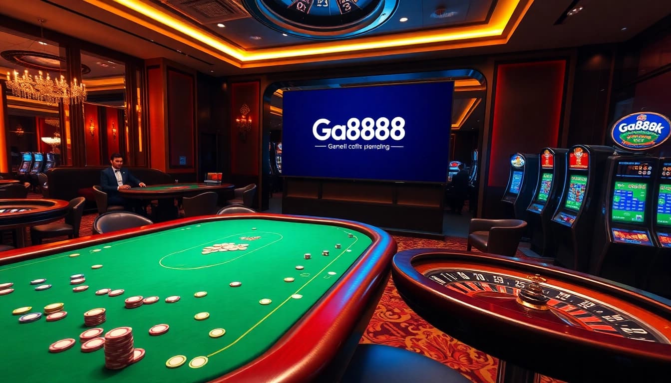 Ga888 online gambling experience with a luxurious casino ambiance showcasing poker and roulette.