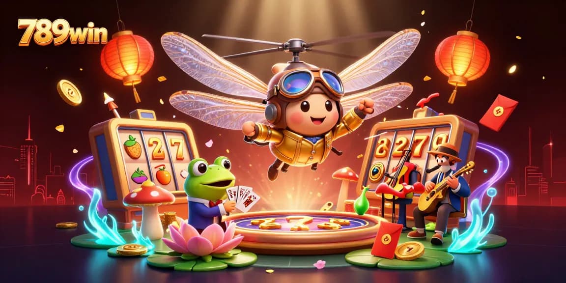 Engage with lively slots at 789win with a dragonfly pilot and frog croupier in a vibrant casino scene.