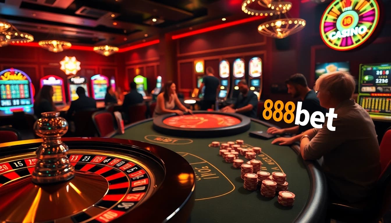 Experience the thrill of 188bet at an upscale casino with spinning roulette and active players.
