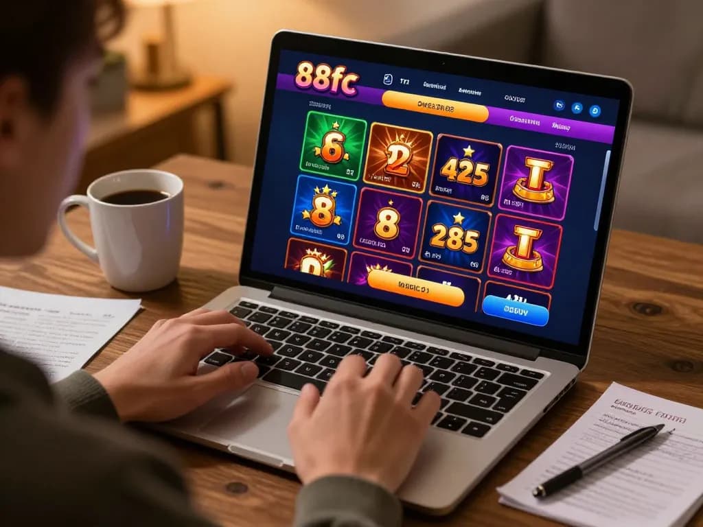 Engaging online gambler using 88fc platform for strategic gameplay with colorful game displays.