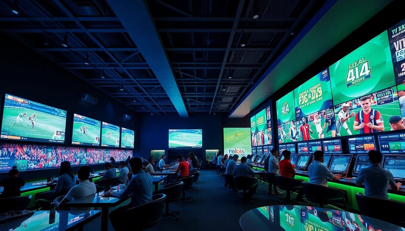 Energetic sports betting lounge showcasing thabet experiences with diverse patrons engaging in live betting.