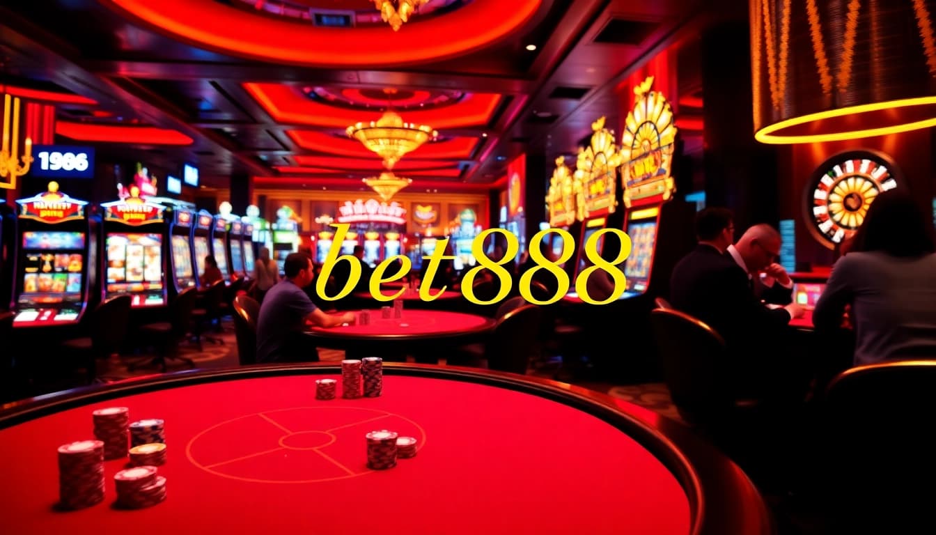 Players engage in thrilling poker and casino action at bet888, amid colorful slot machines and delightful games.