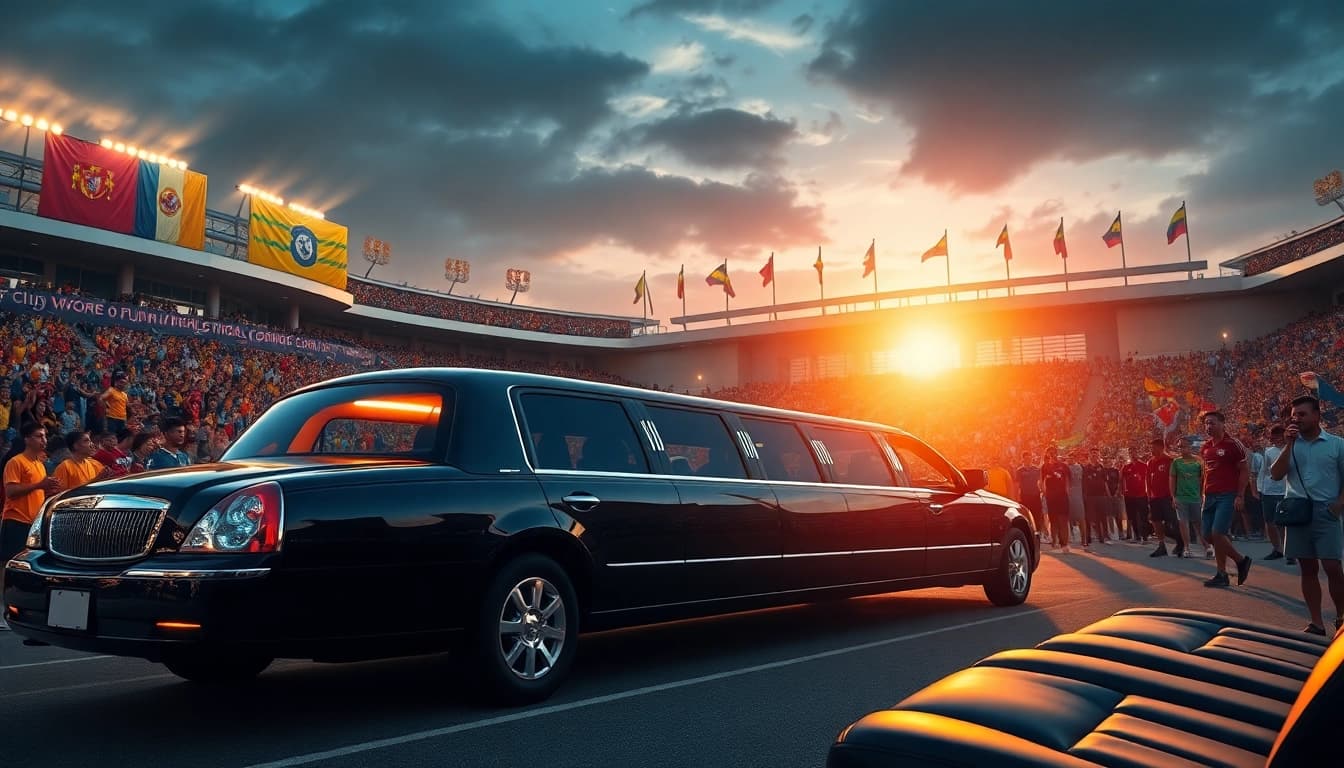 World Cup Group Transportation in a luxurious limousine outside a stadium, showcasing excitement and elegance.