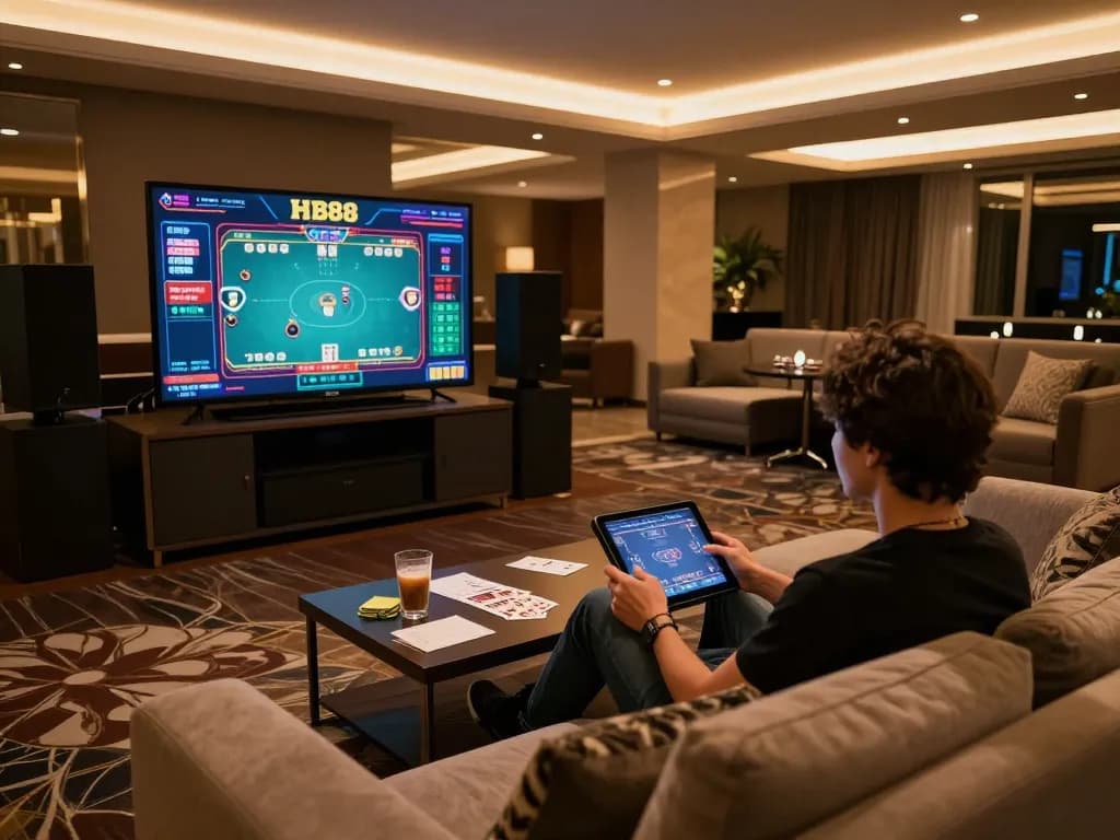 Person engaging in online poker on HB88 tablet in cozy living room