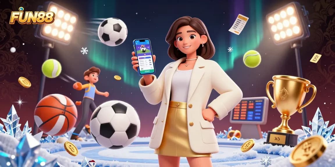 Participate in exciting sports betting with FUN88 featuring a cheerful woman holding a betting app.