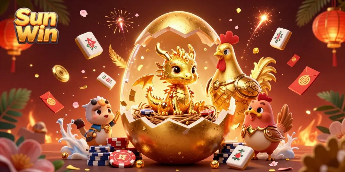 Play exciting games at Sun Win with a golden dragon and vibrant casino elements shining brightly.