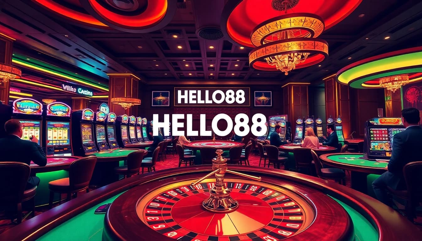 Join the excitement at HELLO88 with vibrant casino tables and players in a luxurious setting.
