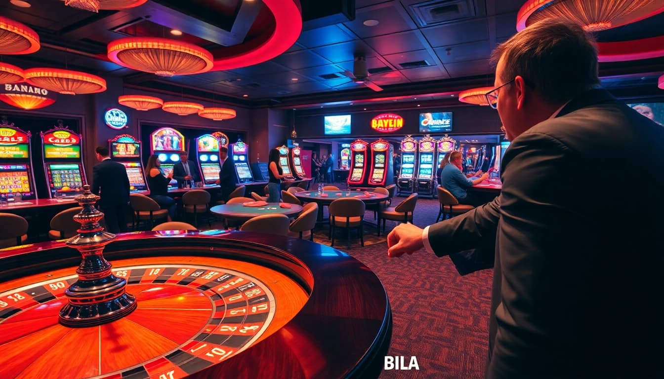 Play at a thrilling Casino without Swedish license, featuring roulette tables and vibrant slot machines.