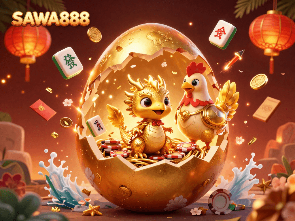 Experience the excitement of SAWA888 with a golden dragon amidst poker chips, celebrating big wins!