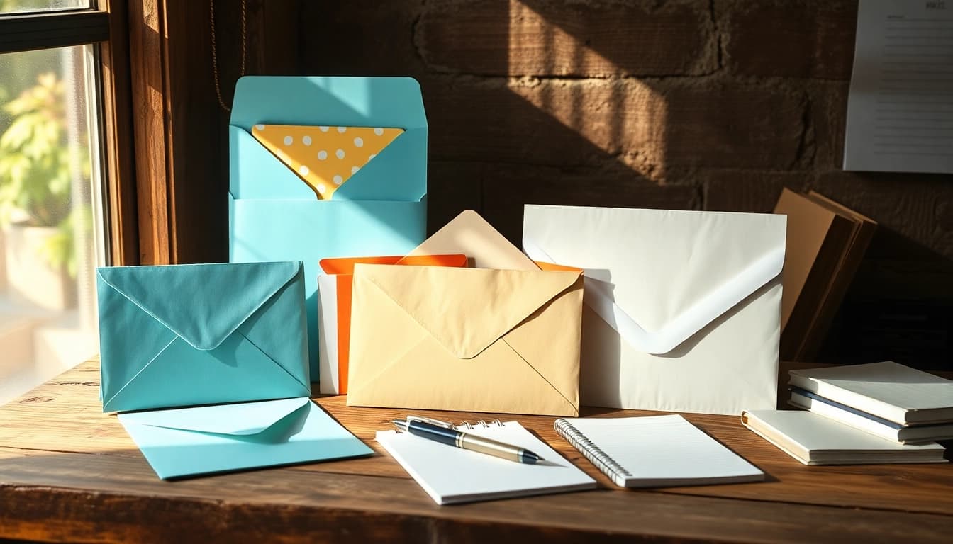 Showcase A5 window envelopes elegantly displayed with colorful stationery, enhancing office aesthetics.