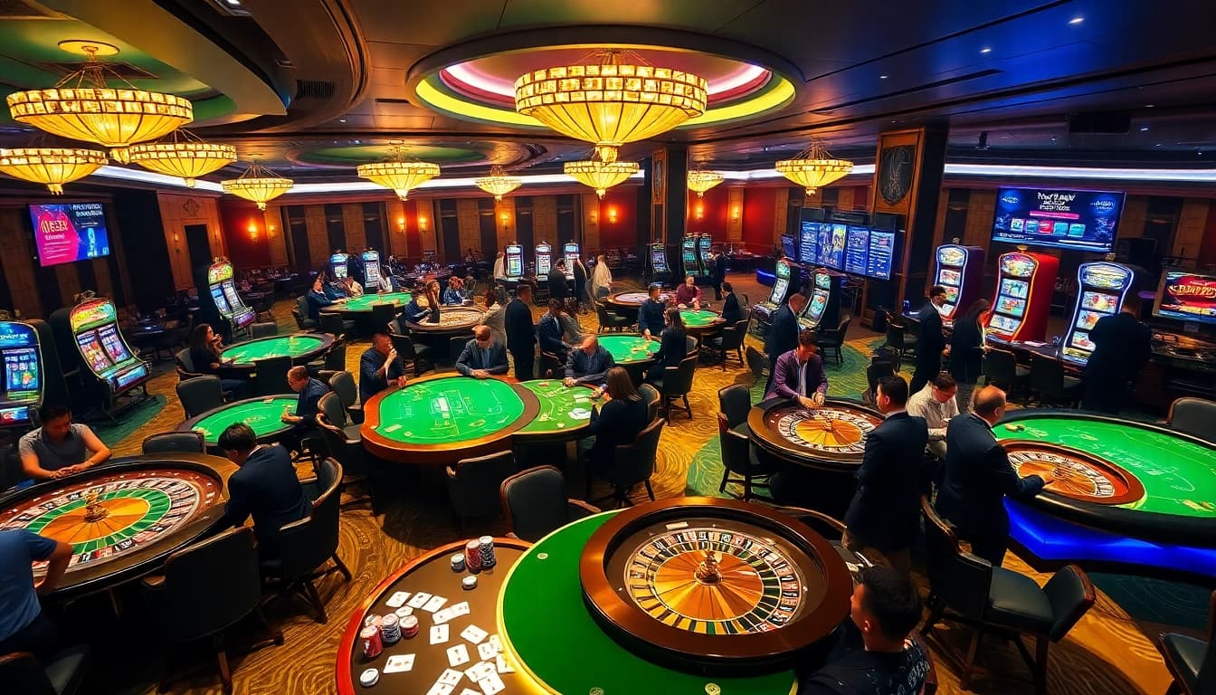 Experience thrilling gaming at https://lucky88vi.net with vibrant casino visuals and engaging players at elegant tables.
