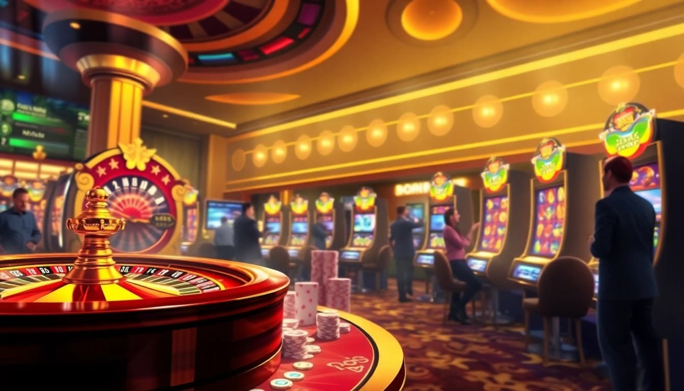 Experience the thrill of gambling at U888vip with vibrant casino visuals including roulette wheels and slot machines.
