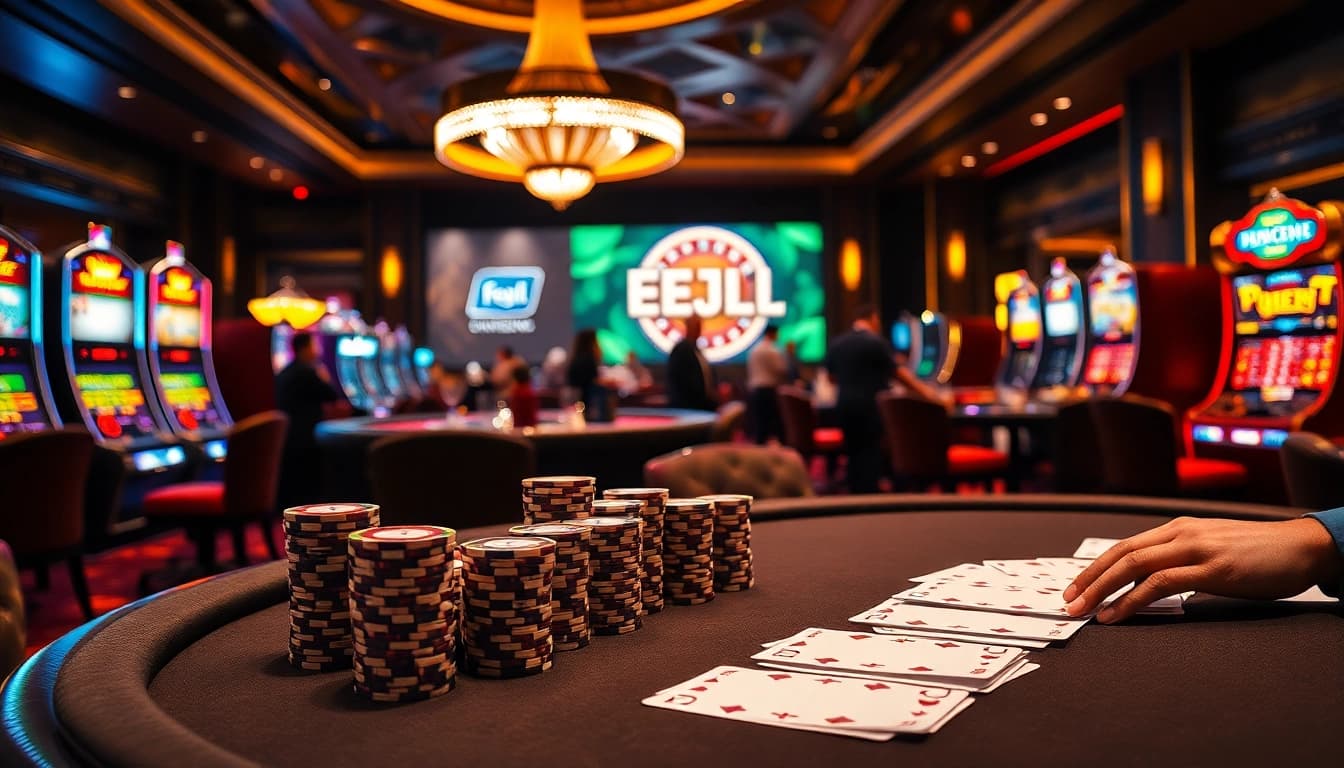 Experience thrilling gameplay at EEJL's luxurious casino with poker chips and slot machines.