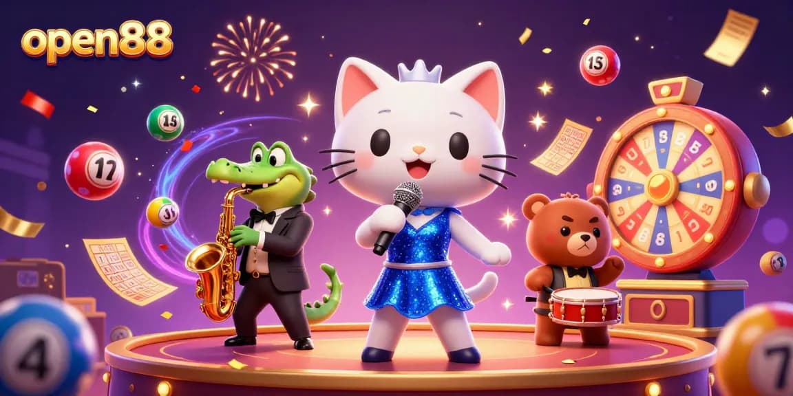 Experience the vibrant energy of open88 with cartoon characters surrounded by lottery elements and festive visuals.