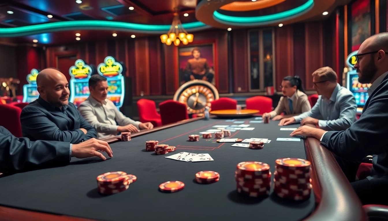 Dabet poker table featuring vibrant poker chips and focused players in an upscale casino setting.