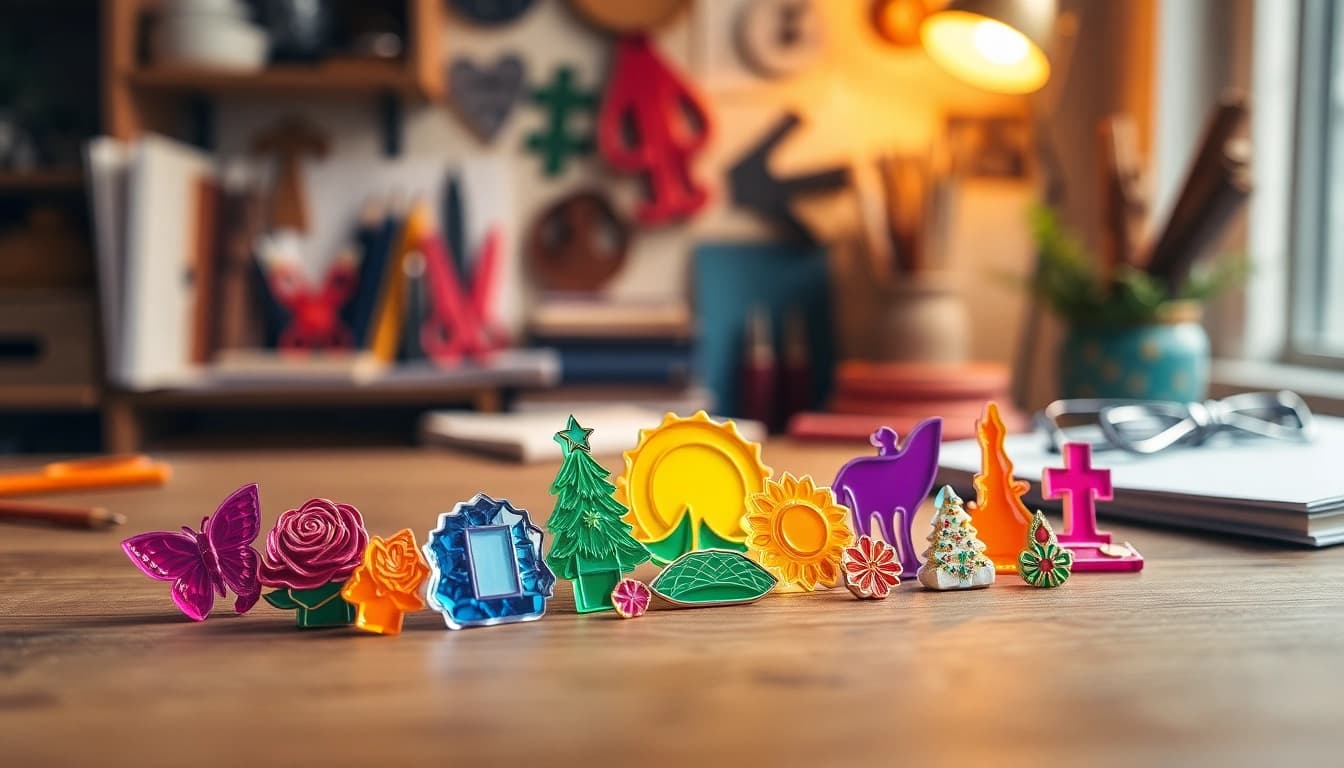 Showcase unique custom acrylic pins featuring vibrant designs and textures perfect for personalization.