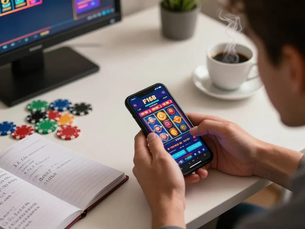 Engaging player using the F168 casino app on a smartphone at home, showcasing strategic gaming.