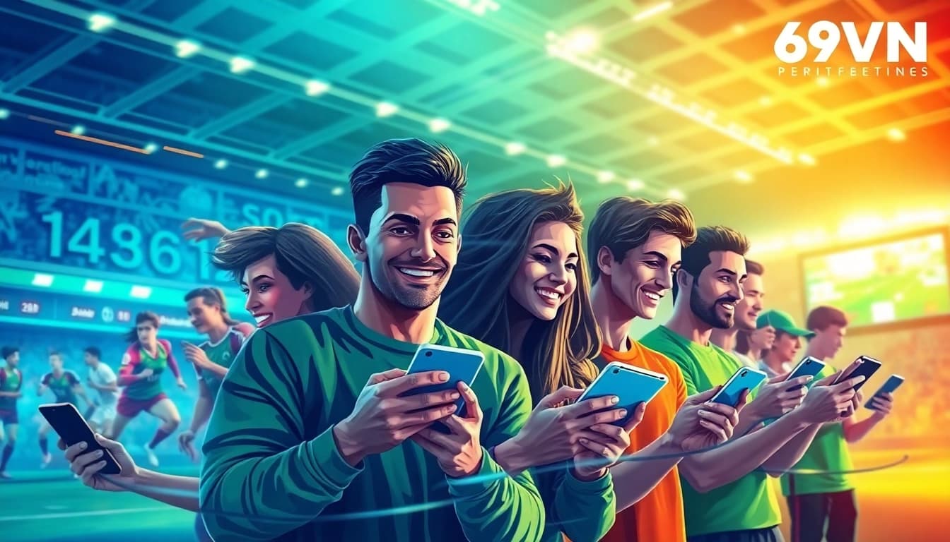 An engaging depiction of 69VN users passionately betting on sports via mobile devices.