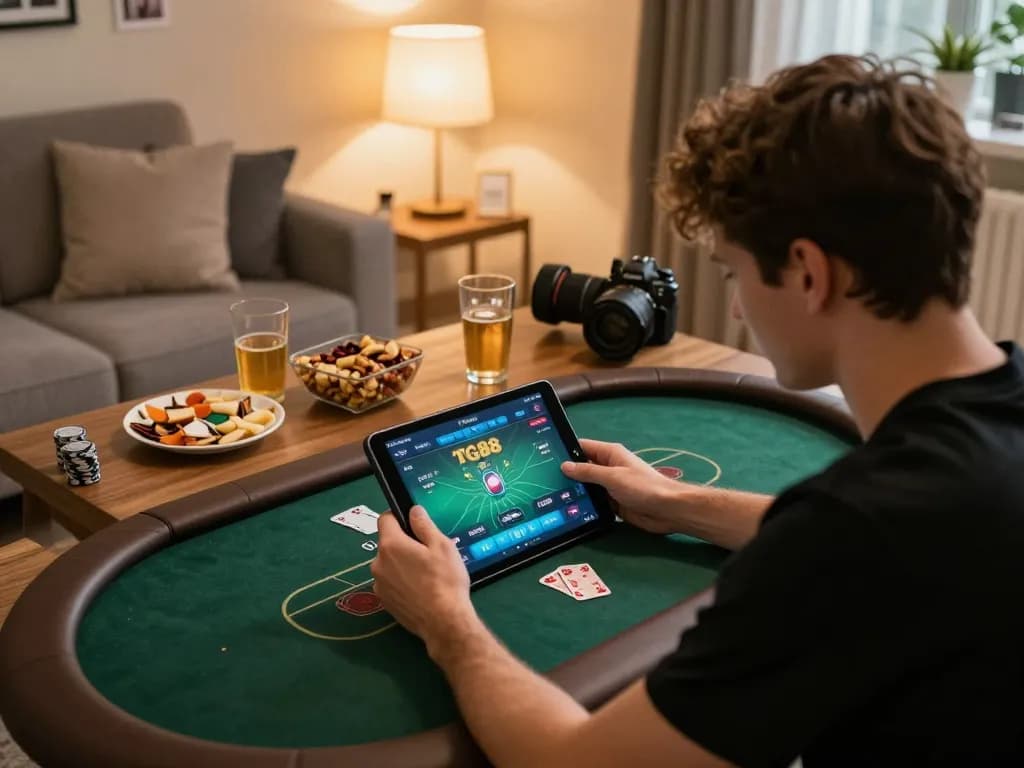 Player engaging with TG88 poker app on tablet in cozy home setting, focused on gameplay.