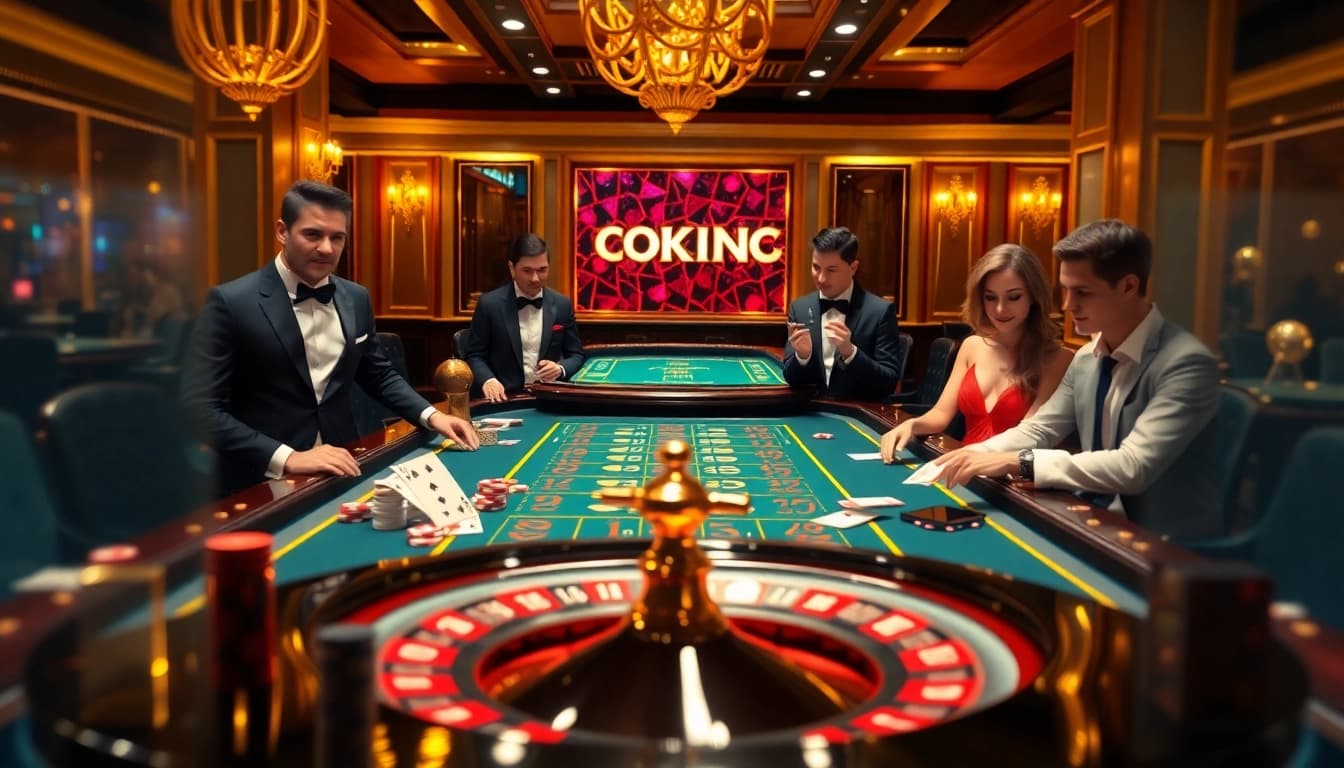 Engaging casino scene with players at a table showcasing the excitement of OKKING gambling.