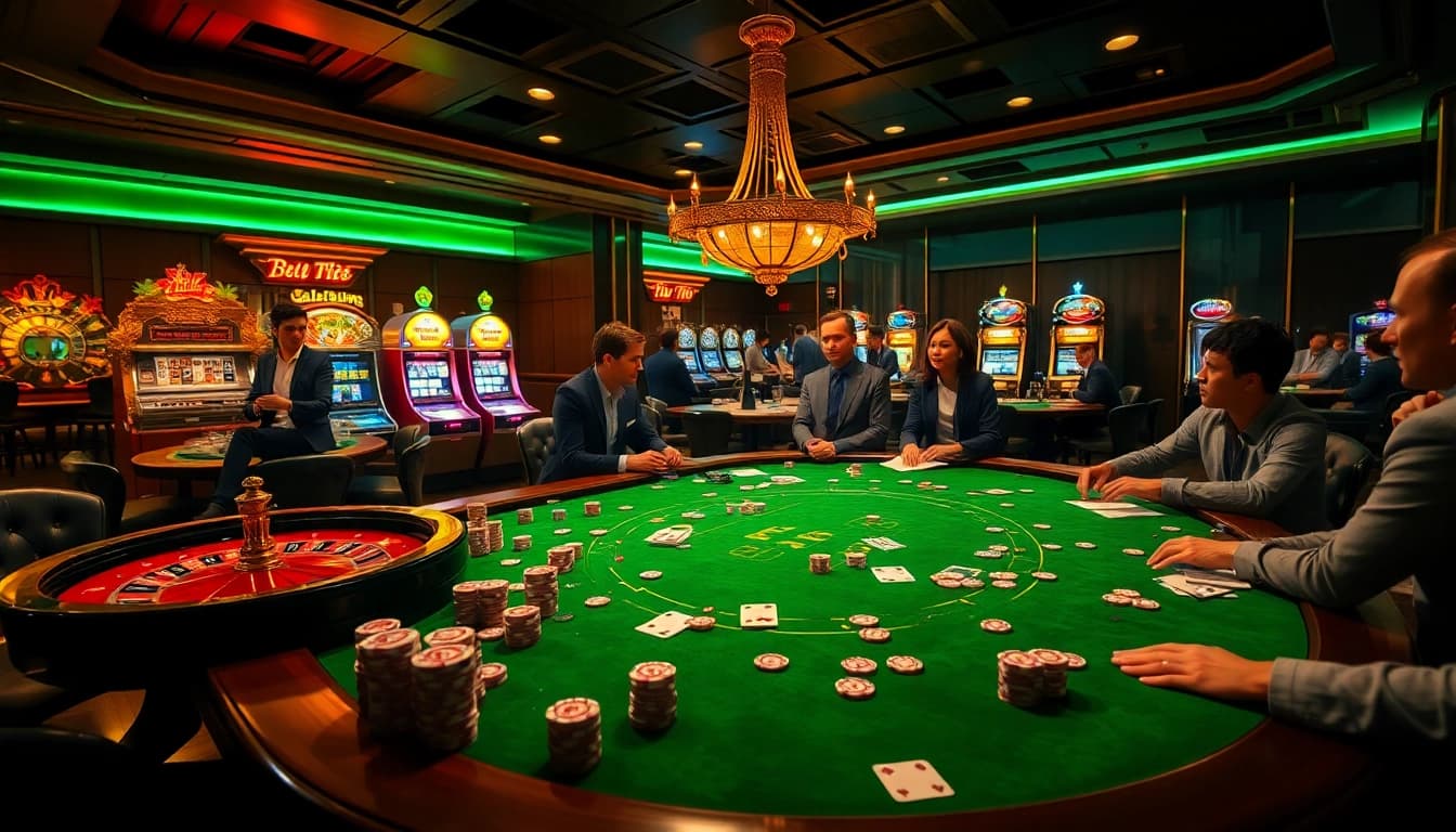 Players strategizing at a poker table, showcasing 88i excitement in a vibrant casino atmosphere.