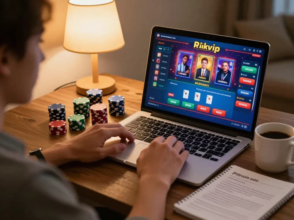Engaged player strategizing poker and slots on the Rikvip platform during a cozy home gaming session.