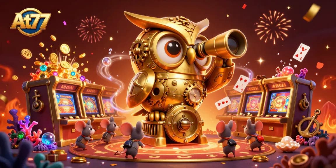 Experience the thrill of casino games with At77's colorful 3D illustration capturing excitement.