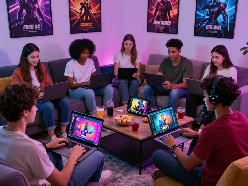 Friends enjoying free porn games in a vibrant gaming lounge with devices and snacks.