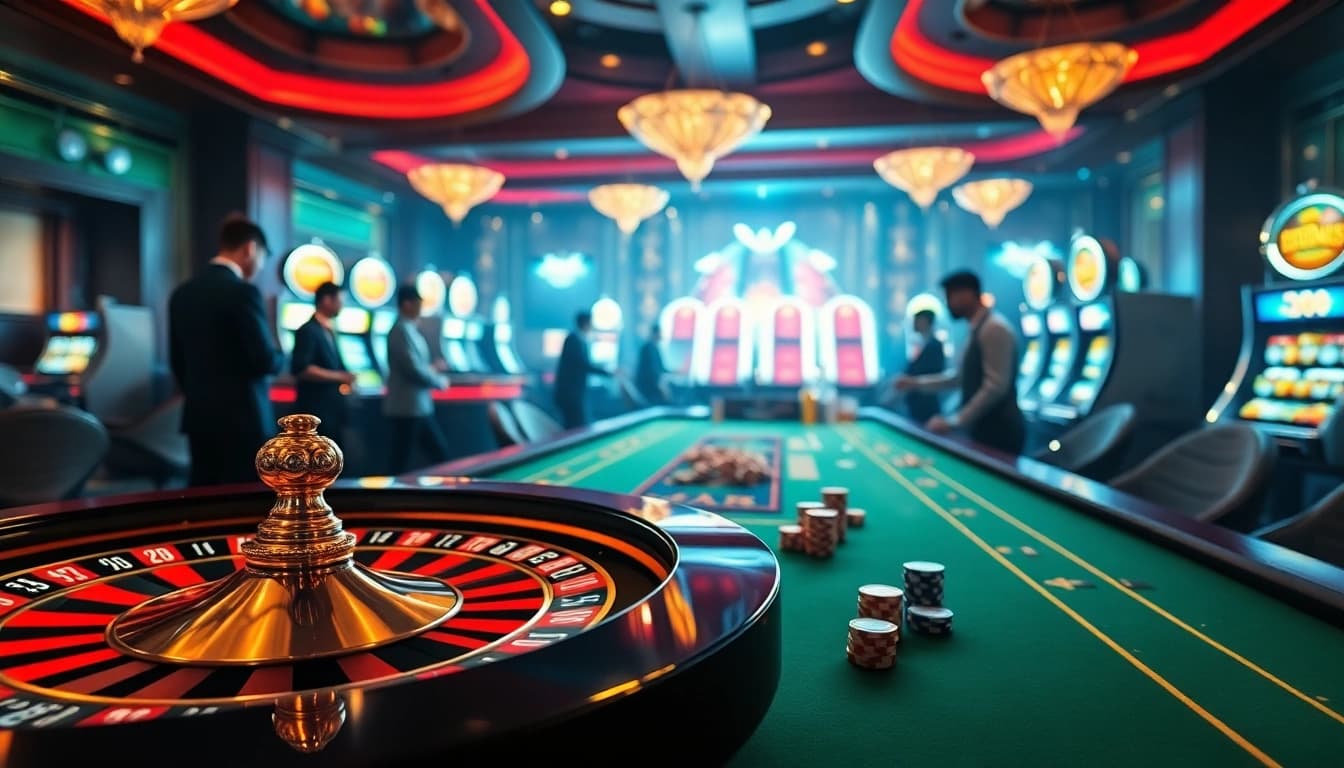 Experience the thrill of online gambling at https://xo88hi.com/ featuring a luxurious casino scene with poker chips and roulette.