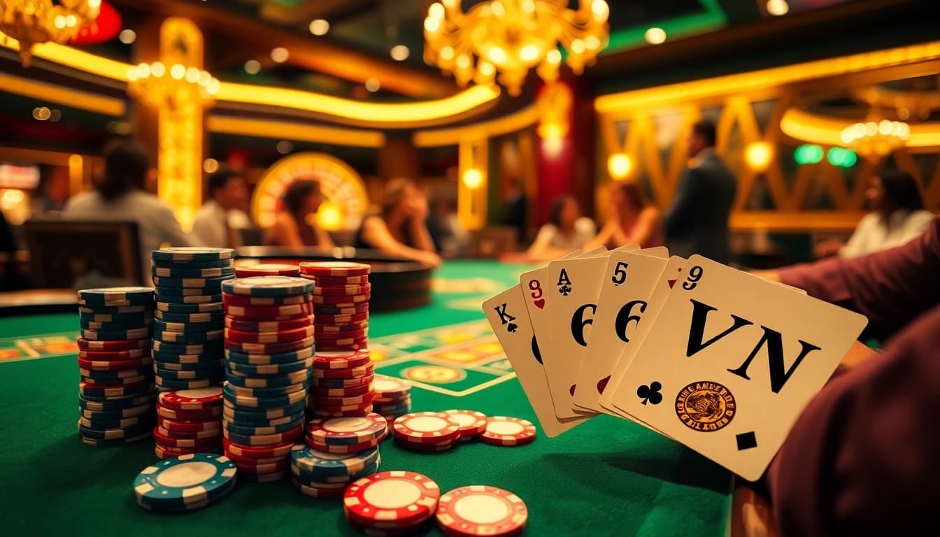 Players enjoying a thrilling blackjack game at 69VN, with vibrant poker chips and winning cards.