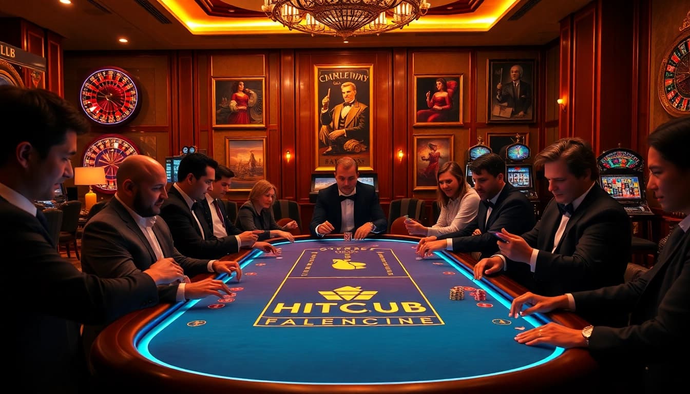 Players enjoying a game at the HITCLUB casino table, surrounded by poker chips and cards.