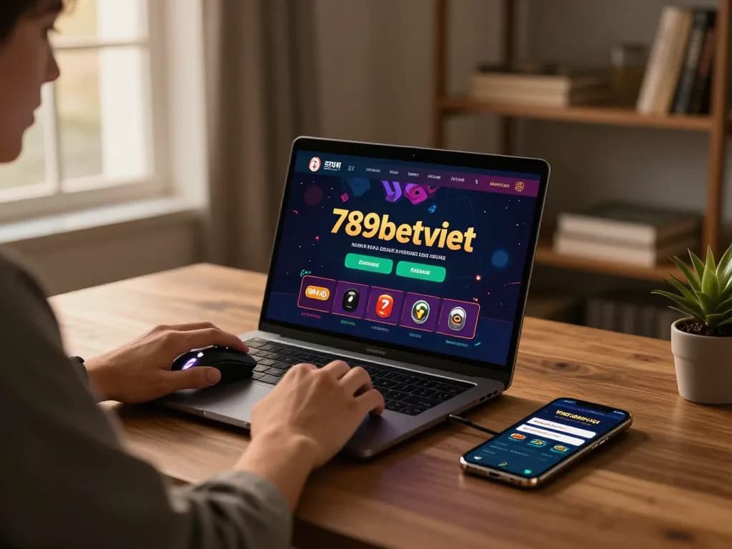 Engaging with the 789betviet online gaming platform in a cozy home office.