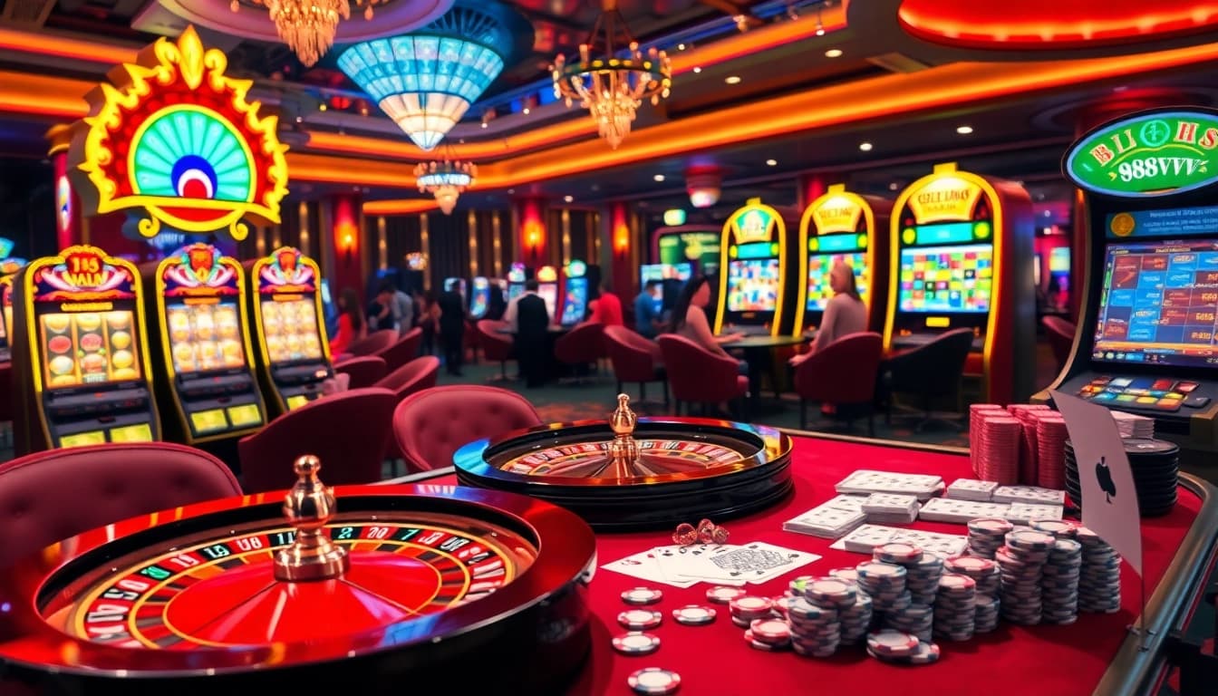 Experience a thrilling casino atmosphere with 88vv gaming tables and vibrant slot machines.