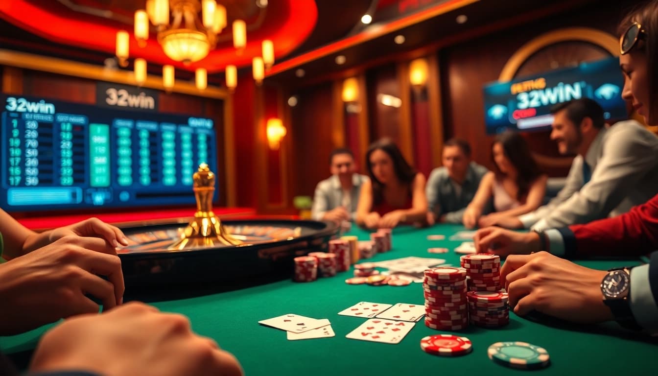 Experience high-stakes poker action at 32win's luxurious casino setting.