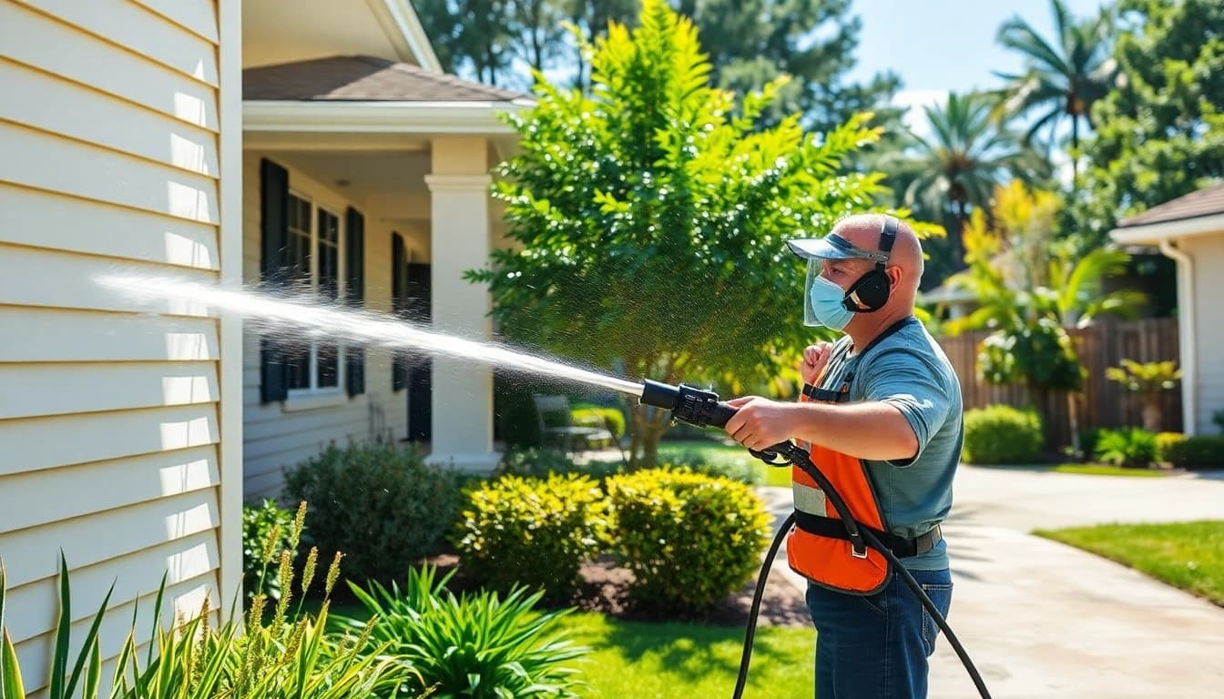 Pressure wash technician cleaning a home's siding in Kissimmee, FL.