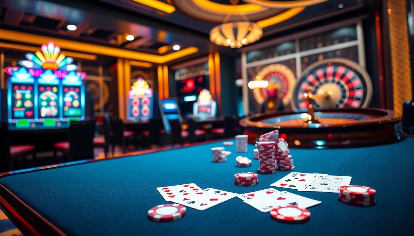 Experience the excitement of gambling at https://78winbiz.com/ with vibrant poker chips and an elegant casino backdrop.