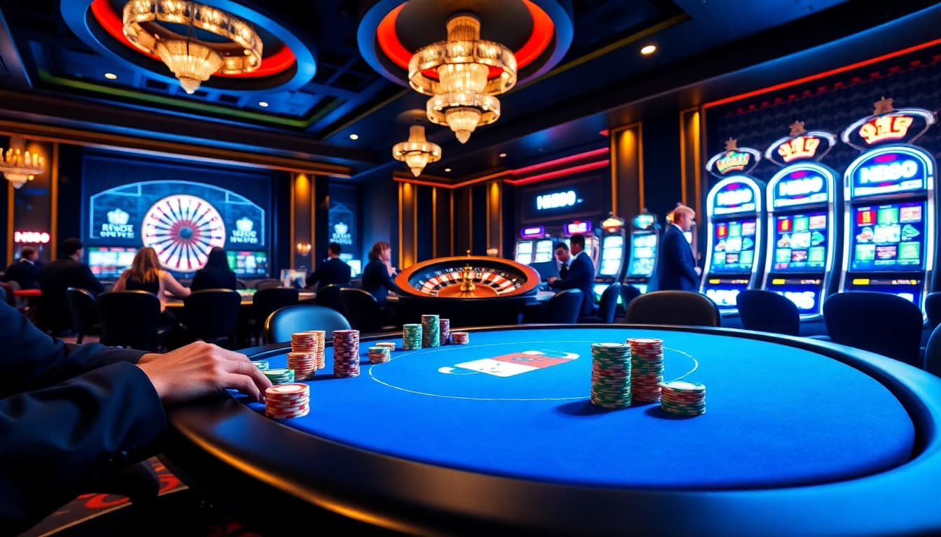 Experience a thrilling poker game at NH88 with colorful chips and vibrant casino decor.