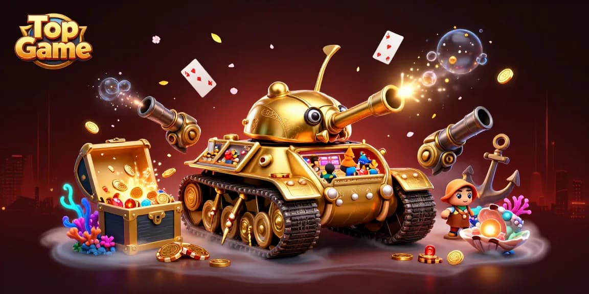 Top Game showcases a vibrant 3D casino scene with a golden beetle tank bursting with fun elements.