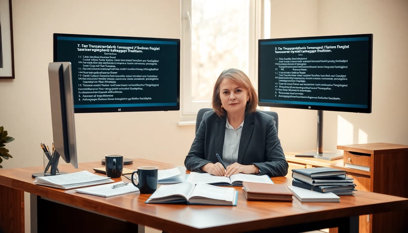Tłumacz przysięgły working at a desk with documents and dual screens in a professional office.