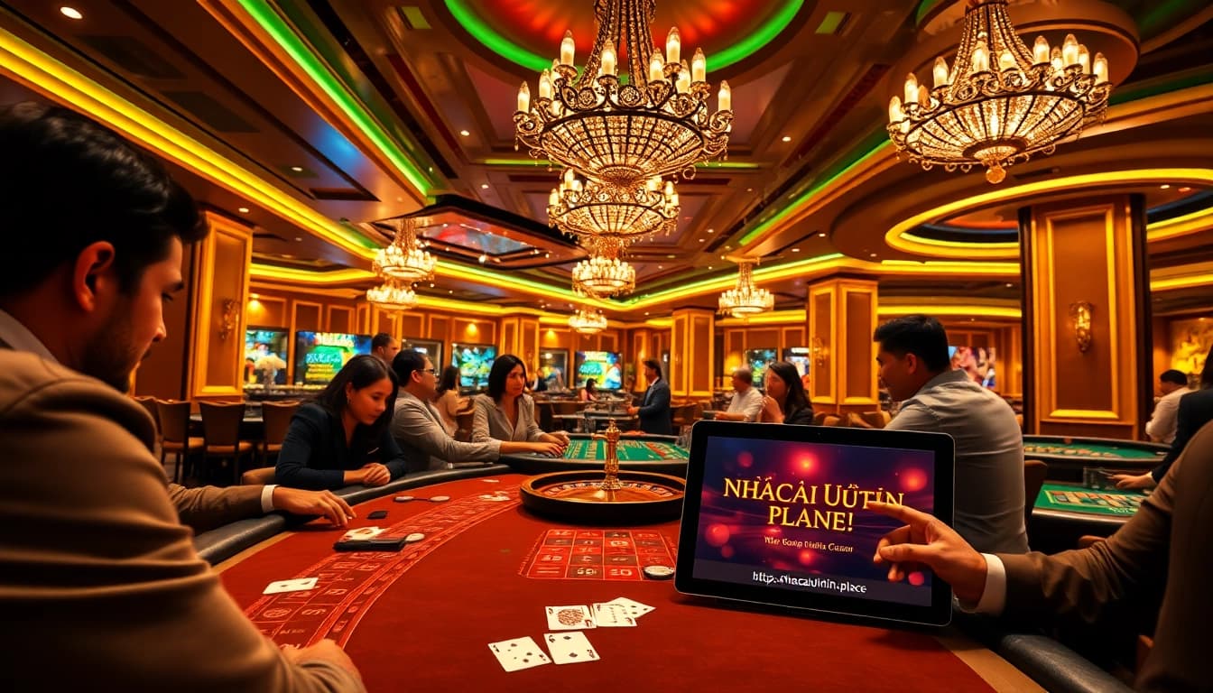 Experience the thrill of a casino night at https://nhacaiuytin.place/, featuring poker tables and players immersed in the action.