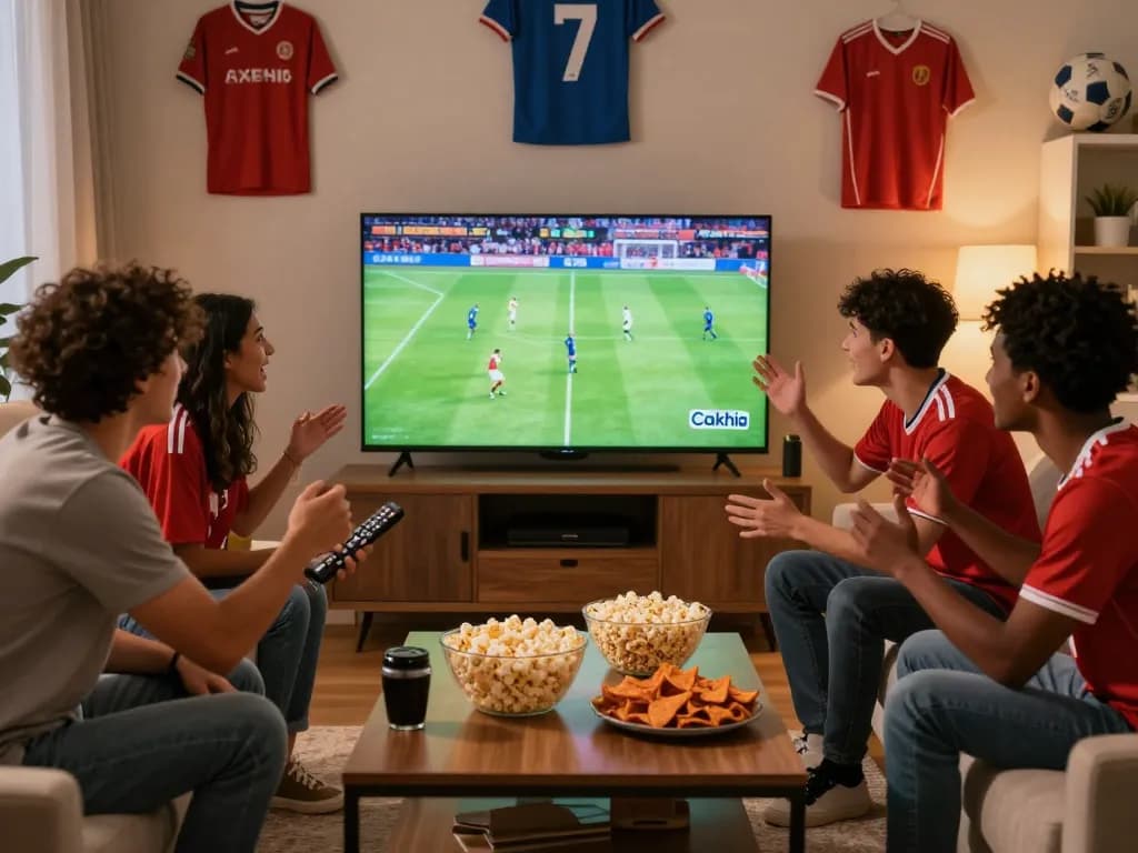 Friends enjoying a thrilling Cakhia football match together in a lively living room.